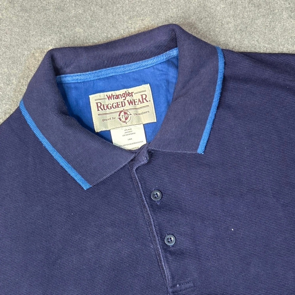 Vintahe Wrangler Rugged Wear Mens Large Blue Cotton Ribbed Polo Shirt Cowboy